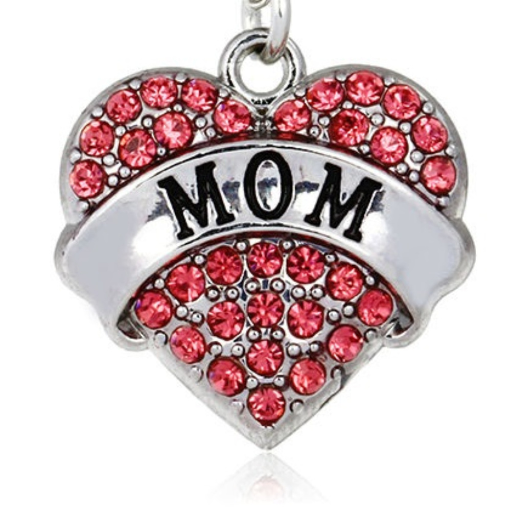 Silver Mom Necklace Pink CZ Heart Mothers Day Gift